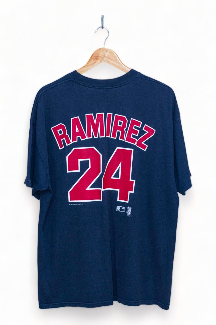 Unearth the charm of the game with the limited edition Faded Navy #24 Manny Ramirez Cleveland Indians Player 1990's MLB T-Shirt. This classic sportswear masterpiece pays homage to a time-honored era in baseball history, delivering a vintage fashion statement that transcends the ordinary. Elevate your style game with this limited edition gem, seamlessly blending classic sportswear aesthetics and vintage sports apparel charm for a truly timeless addition to your collection.